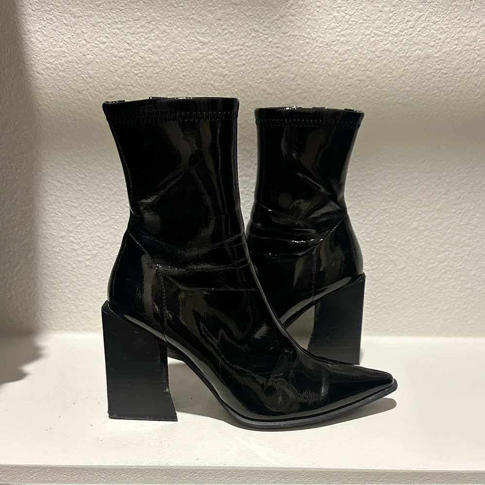 Jeffrey Campbell Black Patent Pointed Toe Block Heel Ankle Boots